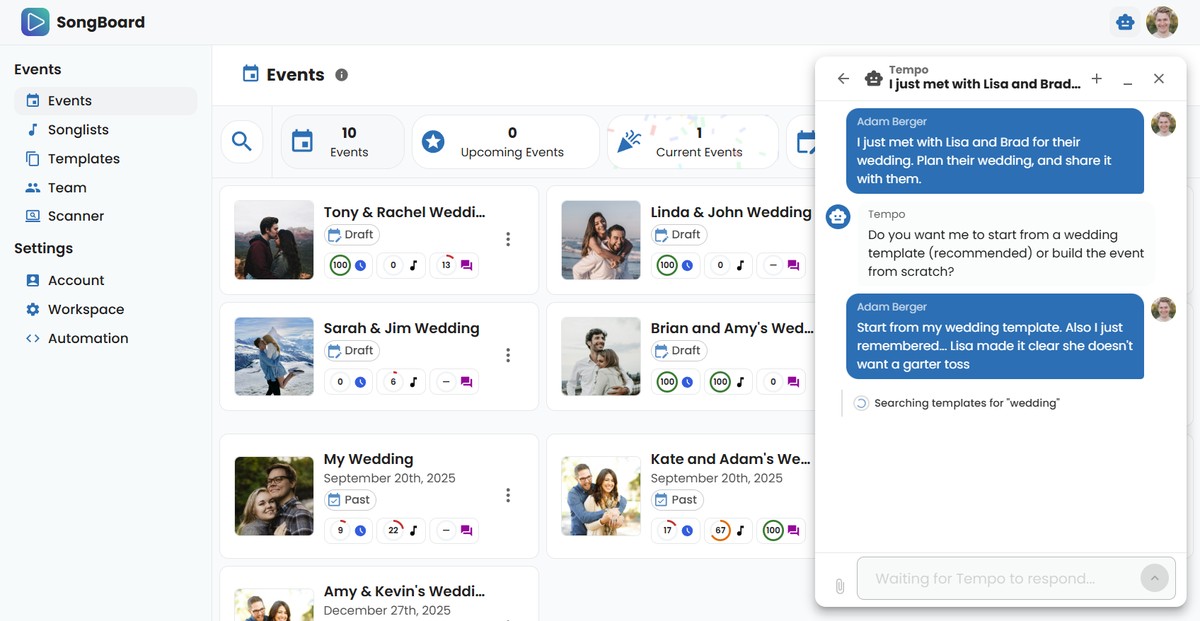 Planning an Event with SongBoard's AI Assistant Tempo