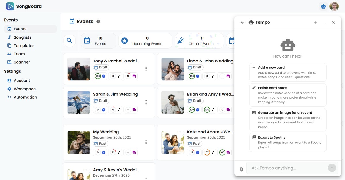 Tempo AI generating a wedding DJ timeline in SongBoard