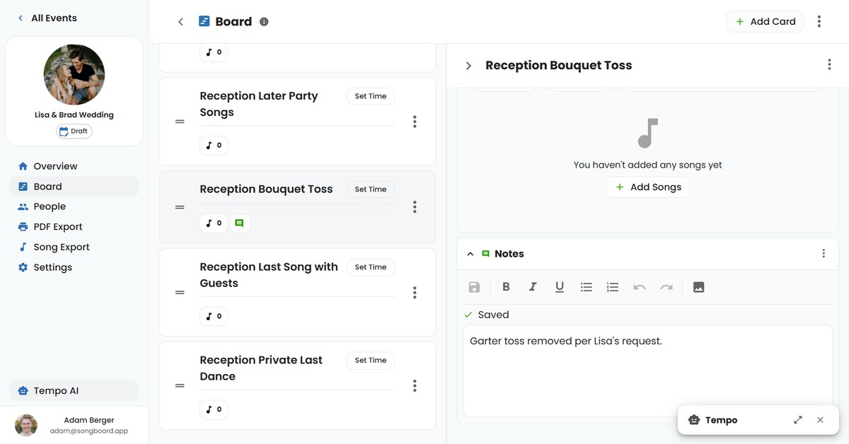 SongBoard's AI Assistant editing events automatically