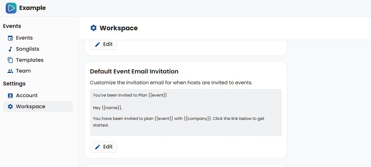 Workspace Page Updating Event Email Invitation