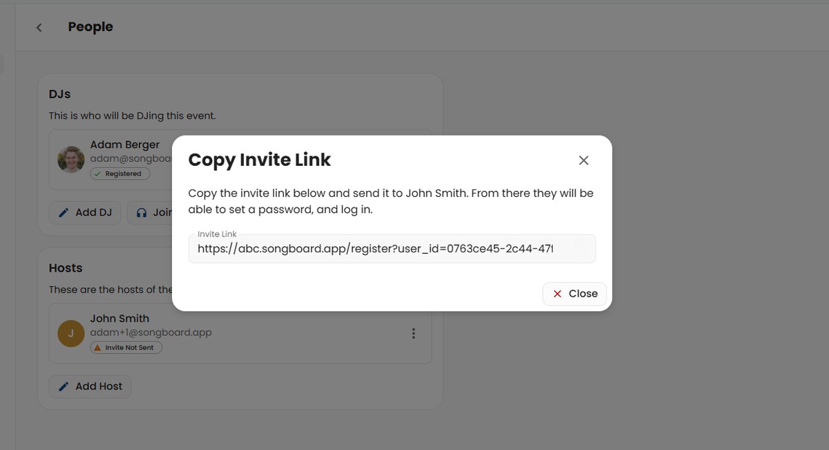 Copy Invite Link Dialog after inviting a host