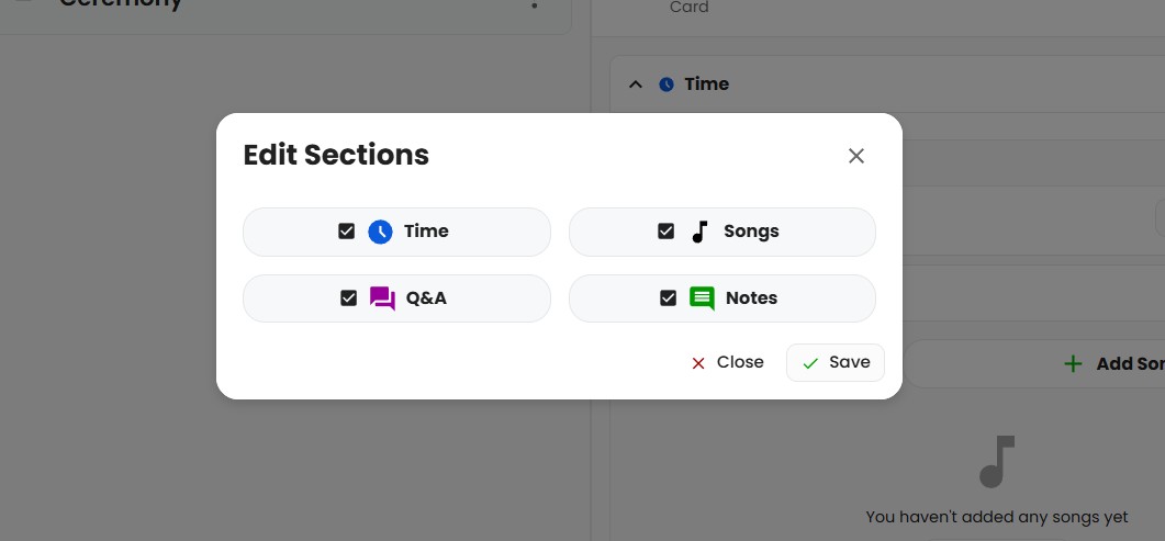The edit sections dialog box