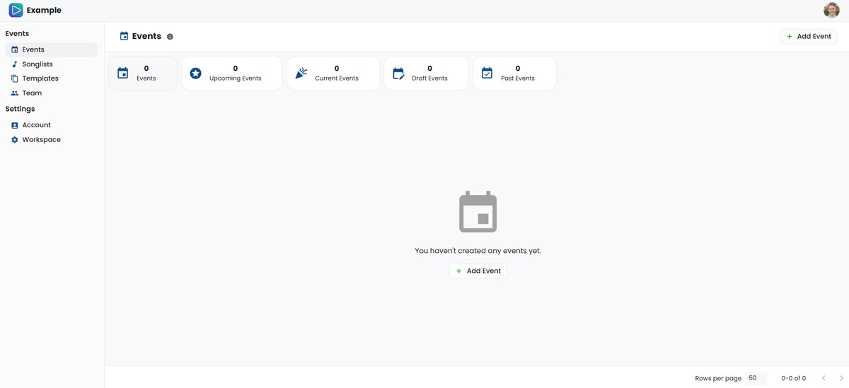 The Events page in SongBoard
