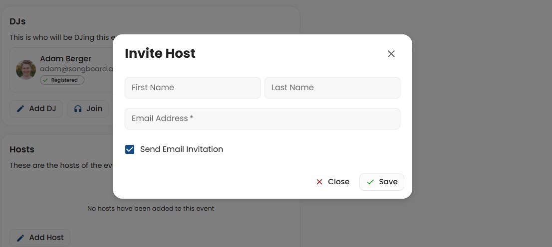 Inviting a Host to an Event in SongBoard