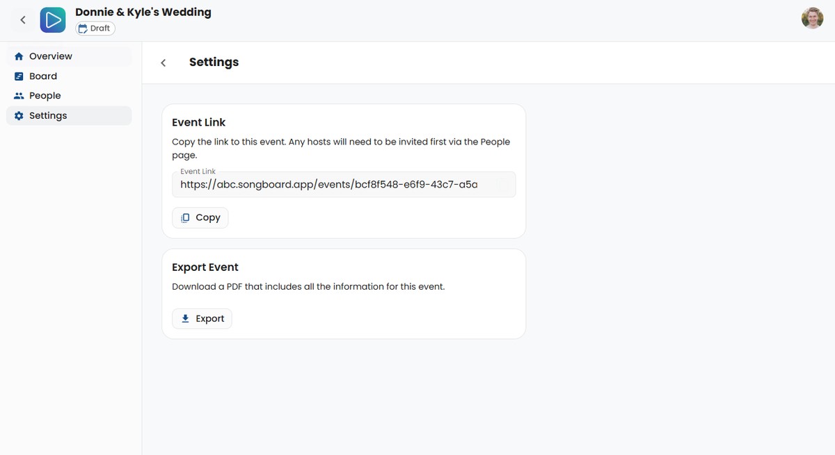 Event Settings Page