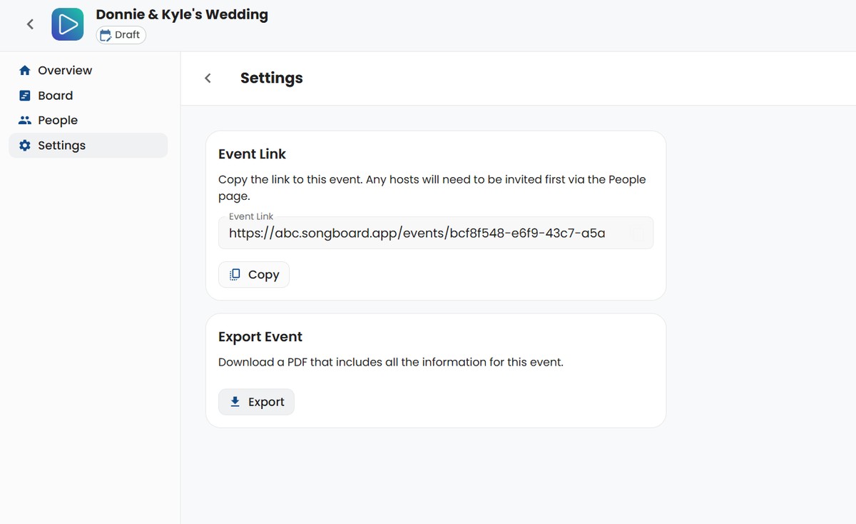 SongBoard Event Settings Page