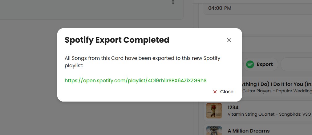 Export to Spotify Dialog in SongBoard