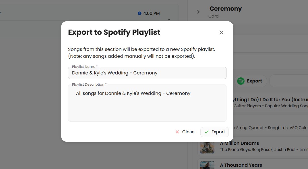 Export to Spotify Dialog in SongBoard