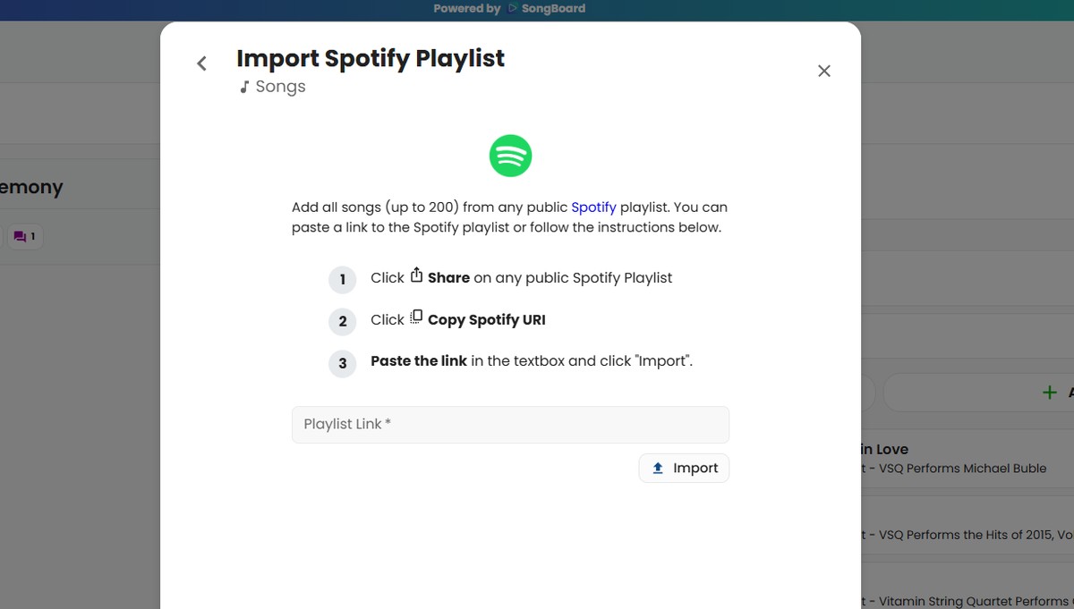 Import Spotify Playlist Screen in SongBoard