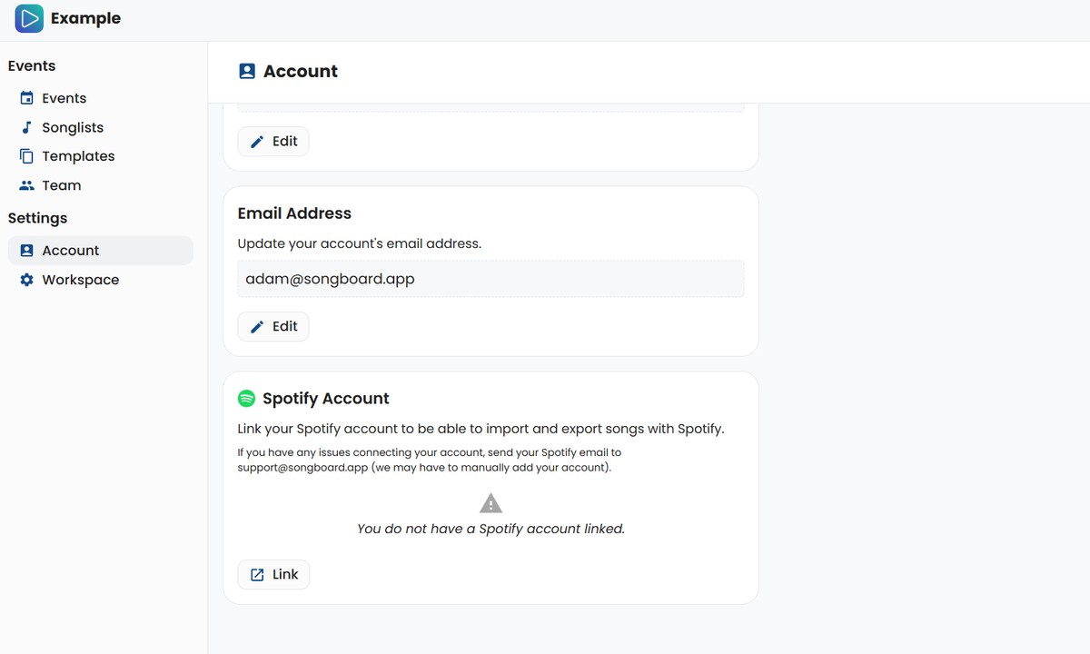 SongBoard Account Page Spotify Section
