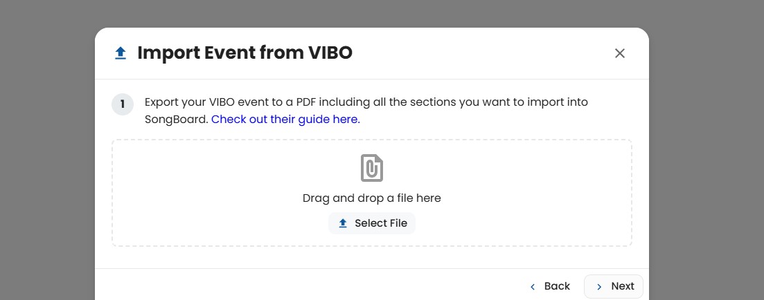 Uploading Event PDF from VIBO into SongBoard