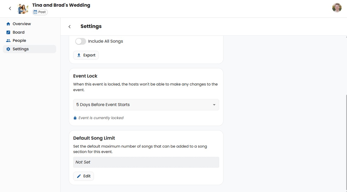 Default Song Limit on Event Settings Page