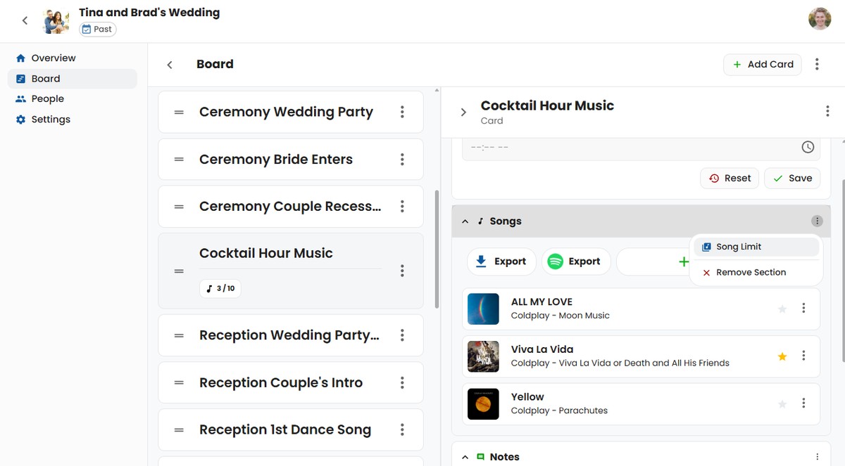 Song Limit Menu on Card