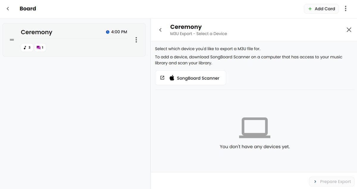 Devices Page to Install SongBoard Scanner