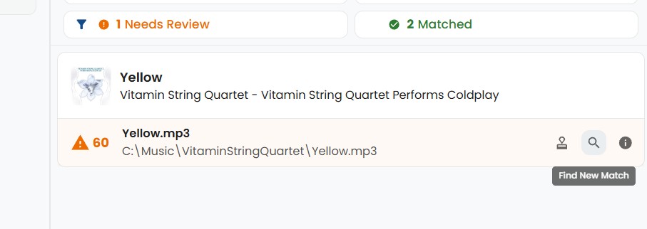 The Find New Match Button for a Song Match