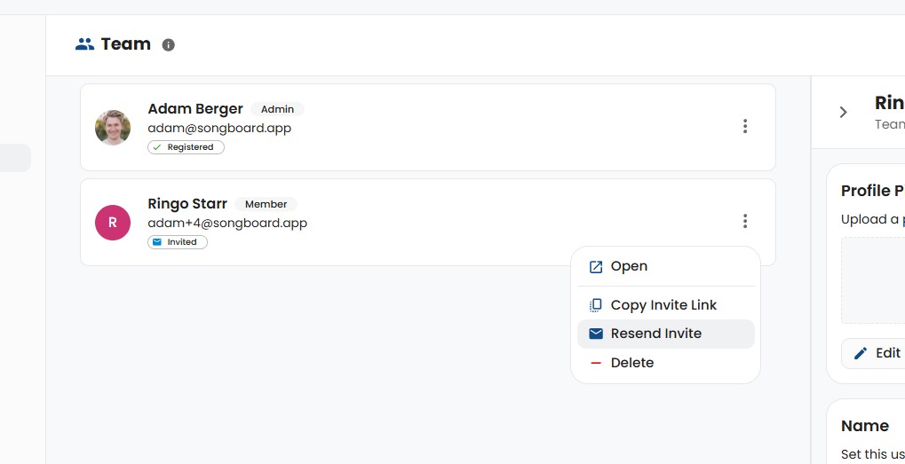 Resend Invite Button for Teams Page