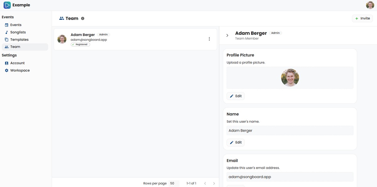 Team Page in SongBoard