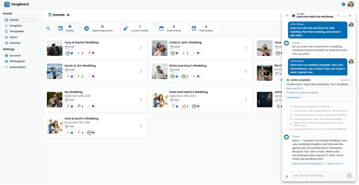 Full Tempo AI conversation where it generates a wedding plan in SongBoard